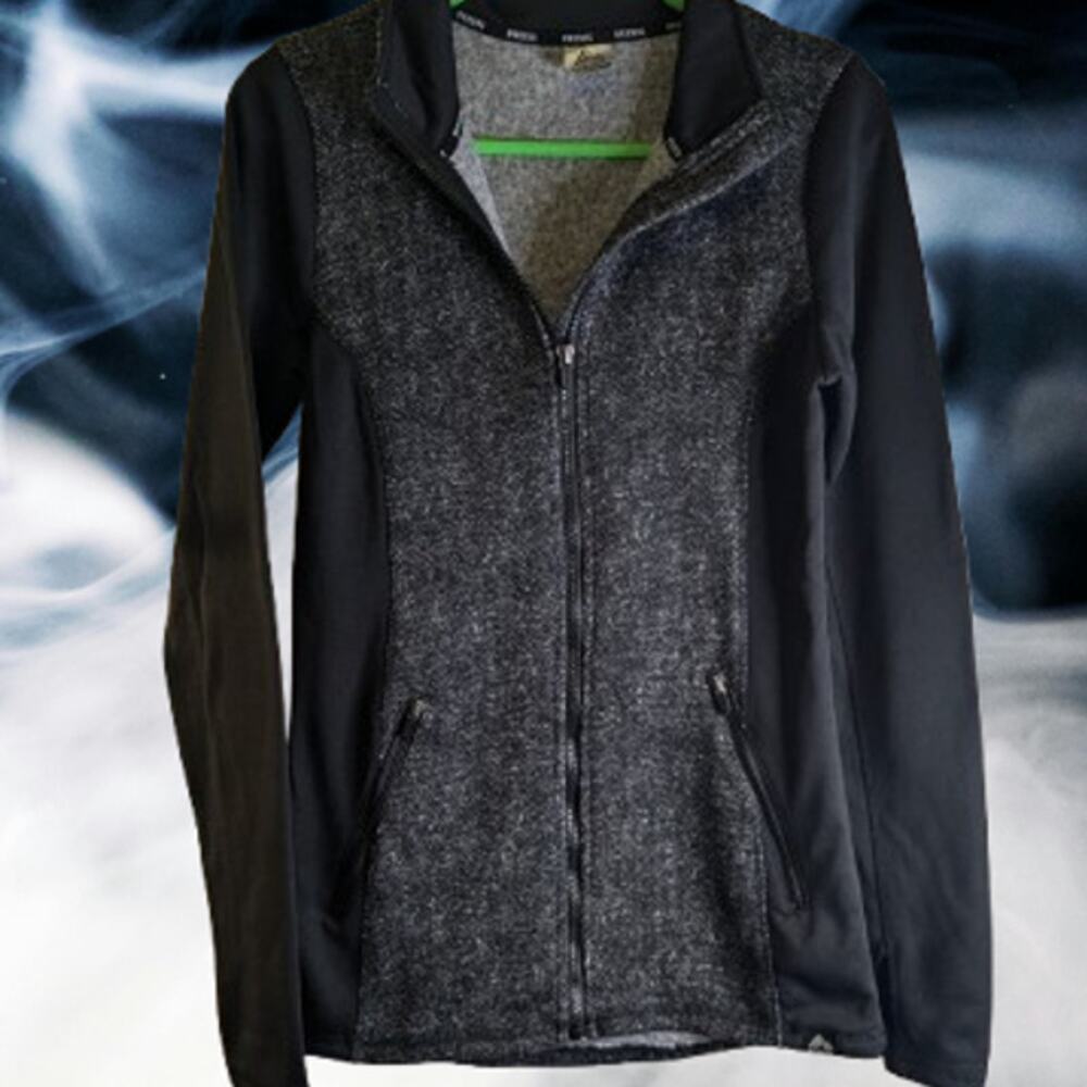 Reebok Small Heather Gray & Black Athletic mock neck zip up front pockets jacket